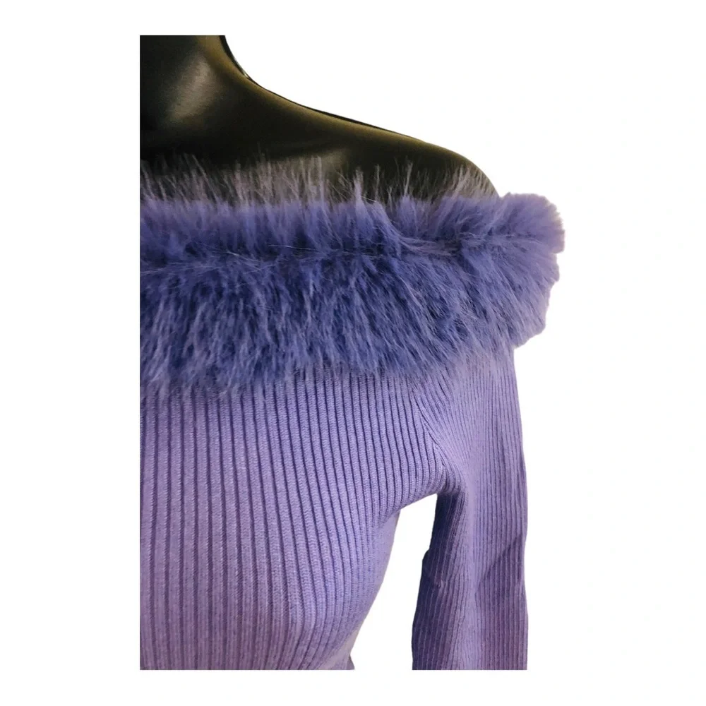 Purple faux‎ fur trim off the shoulder ribbed sweater knit bodysuit size large - Picture 6 of 17